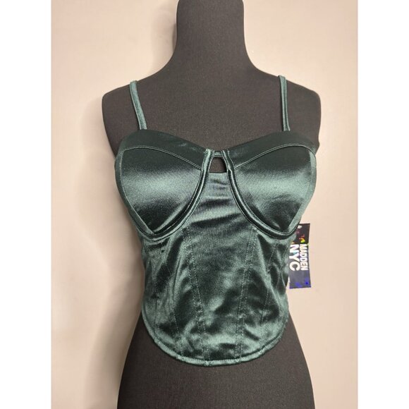 Madden NYC Size M Green Satin Bustier Corset Top Smocked Coquette Sexy Grunge - Picture 1 of 6